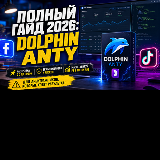 Promotional thumbnail for a 2026 DolphinAnty guide, showing a neon blue dashboard, the DolphinAnty logo, and social icons.